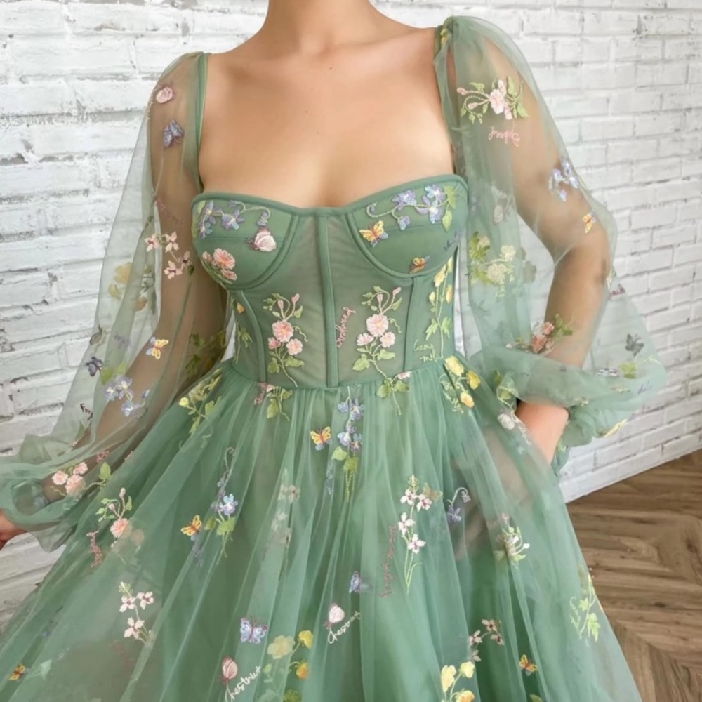 flower embroidered formal dress